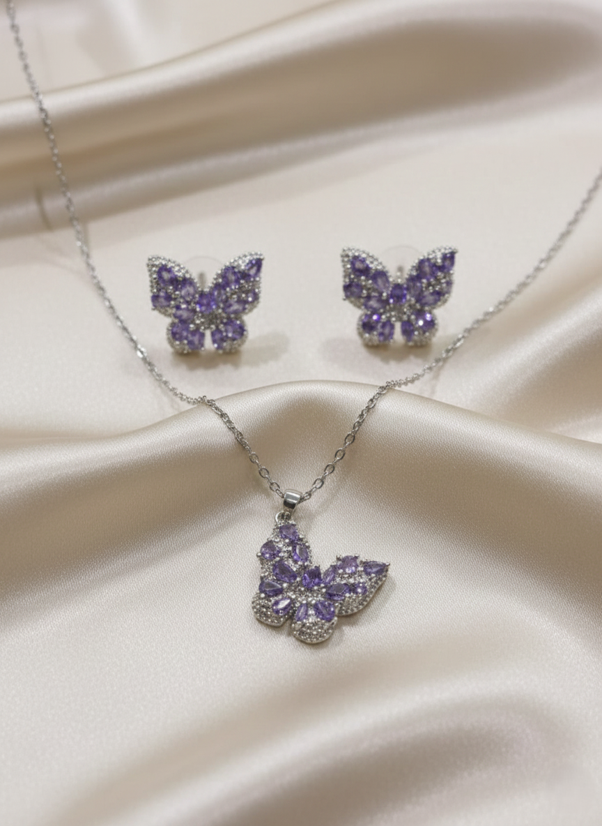 Silver-Toned Butterfly Pendant Set with American Diamonds (AD)