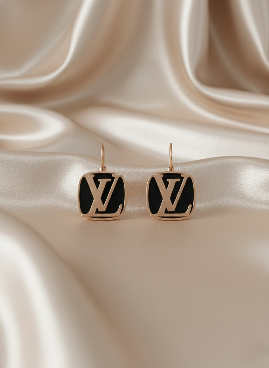 Rose GoldTone Black Enamel Monogram Earrings