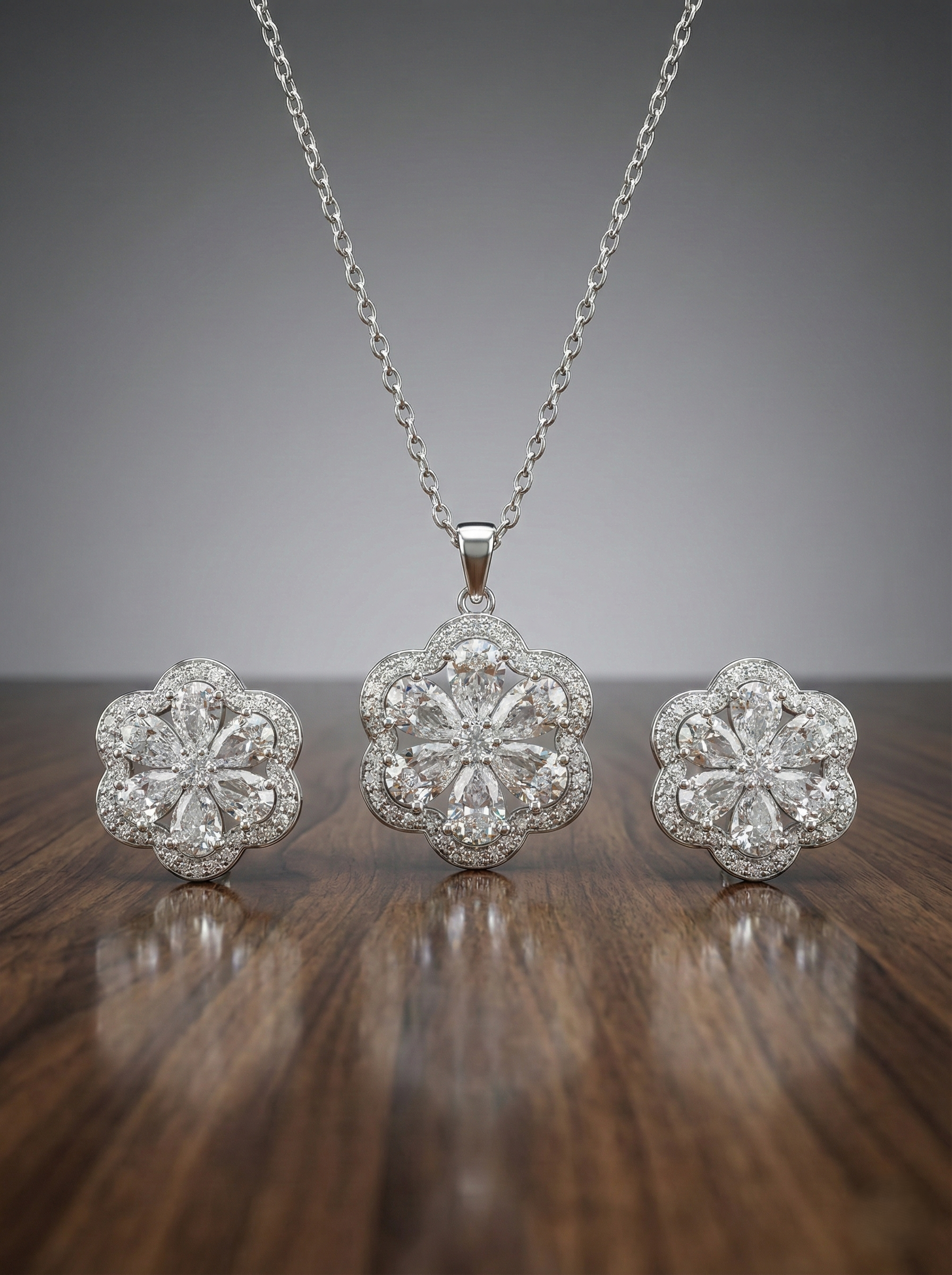 Silver-Toned Floral American Diamond (AD) Pendant Set with Matching Earrings