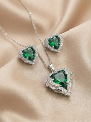 Iridescent Heart Crystal Pendant Set with Matching Earrings – Silver Tone