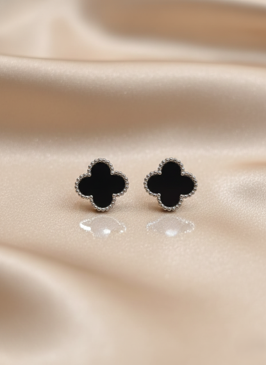 Stainless Steel Silver Black Clover Earrings.