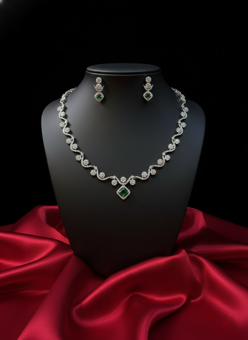 Nisa Emerald & Diamond-Cut AD Necklace Set