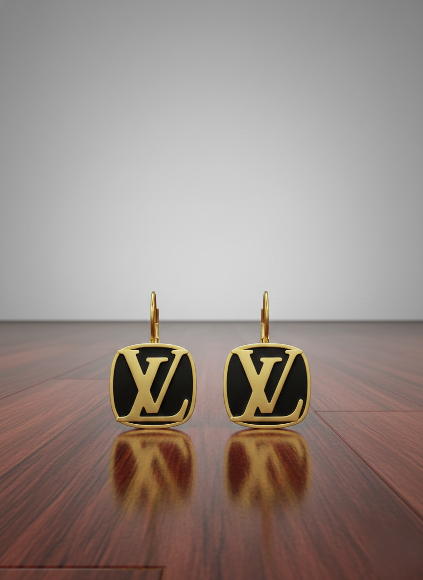 Golden Tone Black Enamel Monogram Earrings