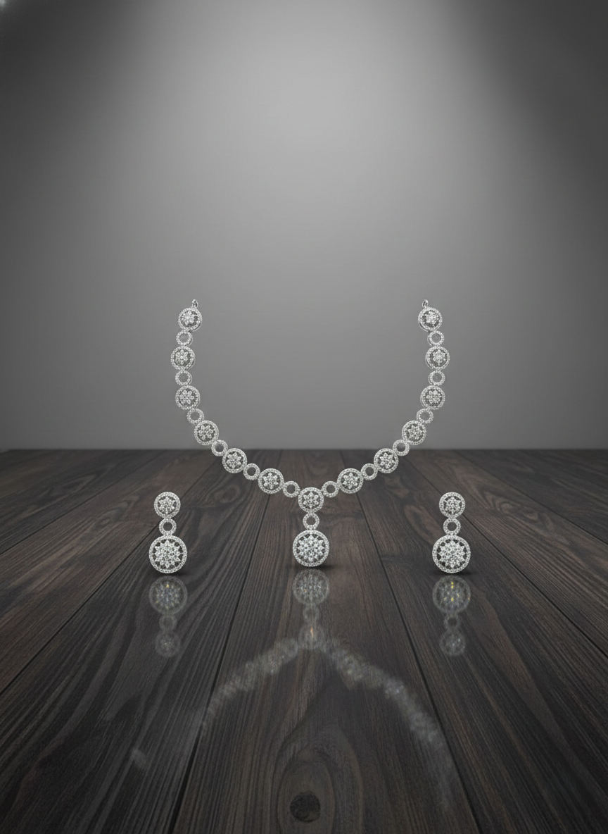 Silver-Finish AD Necklace & Earrings Set