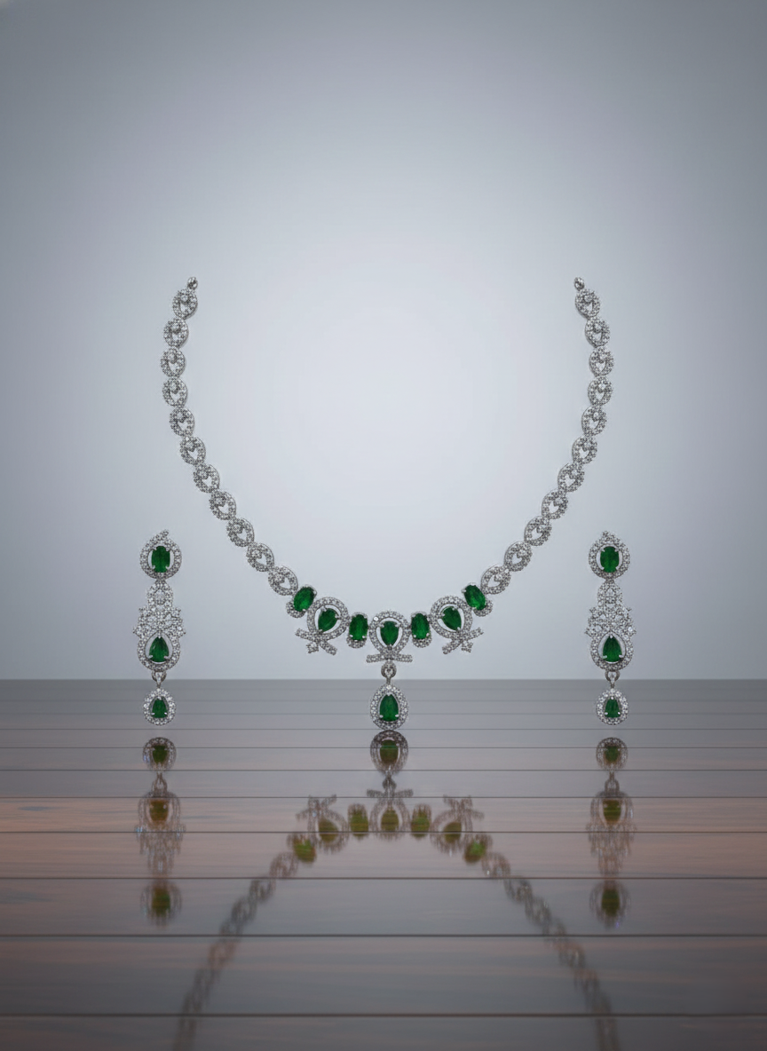 AYNA Emerald Green & Silver AD Necklace Set