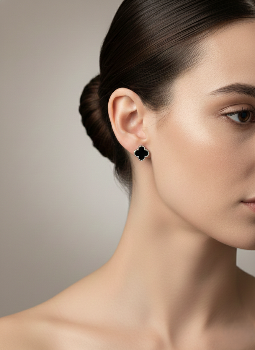 Stainless Steel Silver Black Clover Earrings.