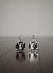 Silver Tone Black Enamel Monogram Earrings