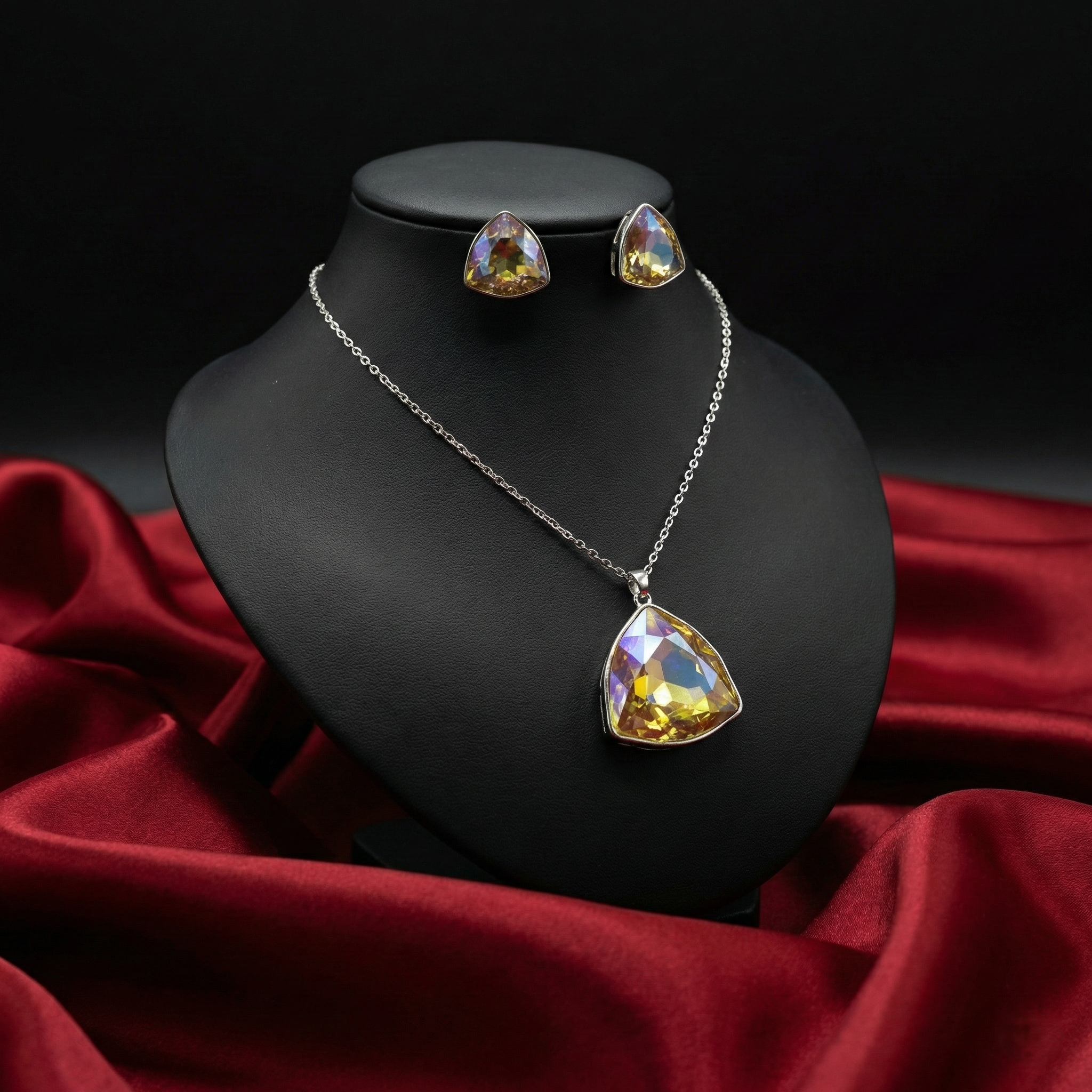 Silver-Tone Geometric Crystal Pendant Set & Matching Studs