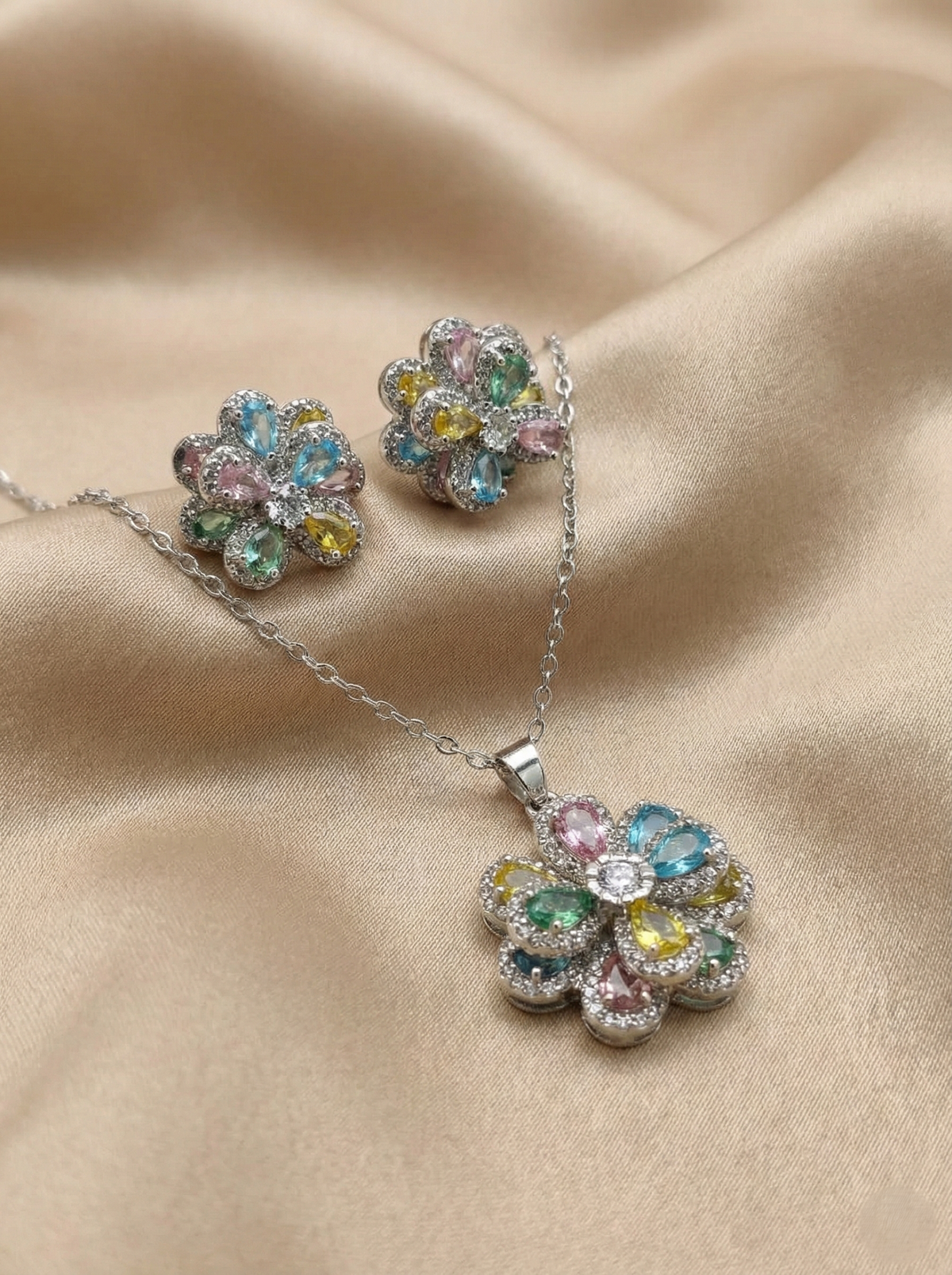 Silver-Toned American Diamond (AD) Floral Pendant Set with Earrings