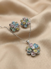 Silver-Toned American Diamond (AD) Floral Pendant Set with Earrings