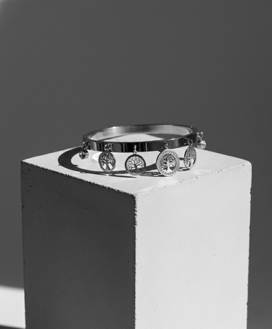 Nisa Premium Silver-Polish Hanging Tree Shape Design With Diamond Studded Bracelet For Women and Girls