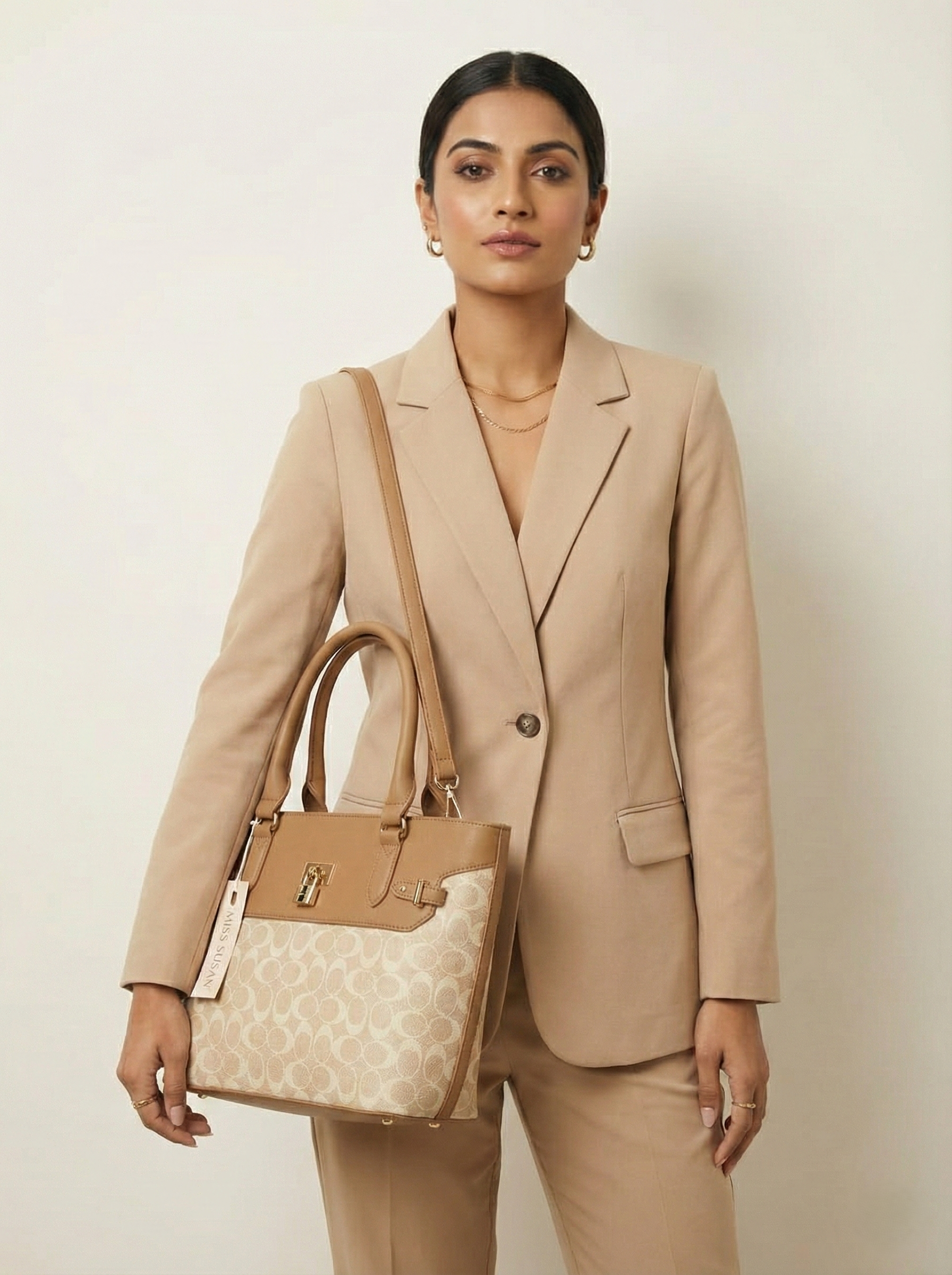 3-Pcs Combo Tote & Satchel Set - Miss Susan Gold and Cream