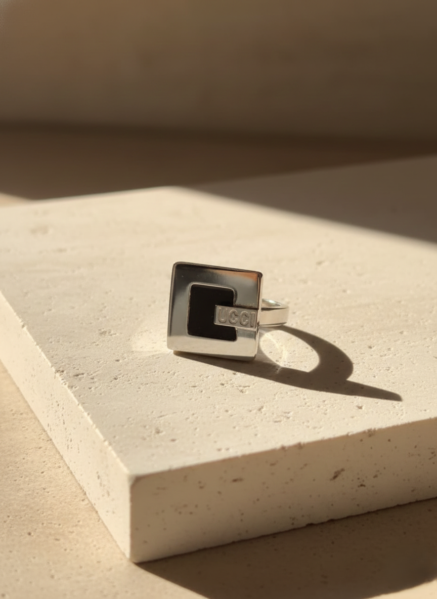 Stainless Steel Square Icon Silver Ring