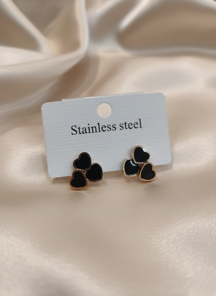 Stainless Steel Triple Heart Black Onyx & Rose Gold Studs