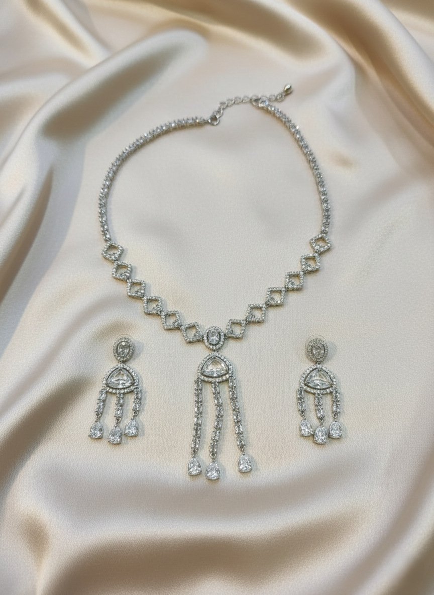 Nisa Geometric Chandelier AD Necklace & Earrings Set