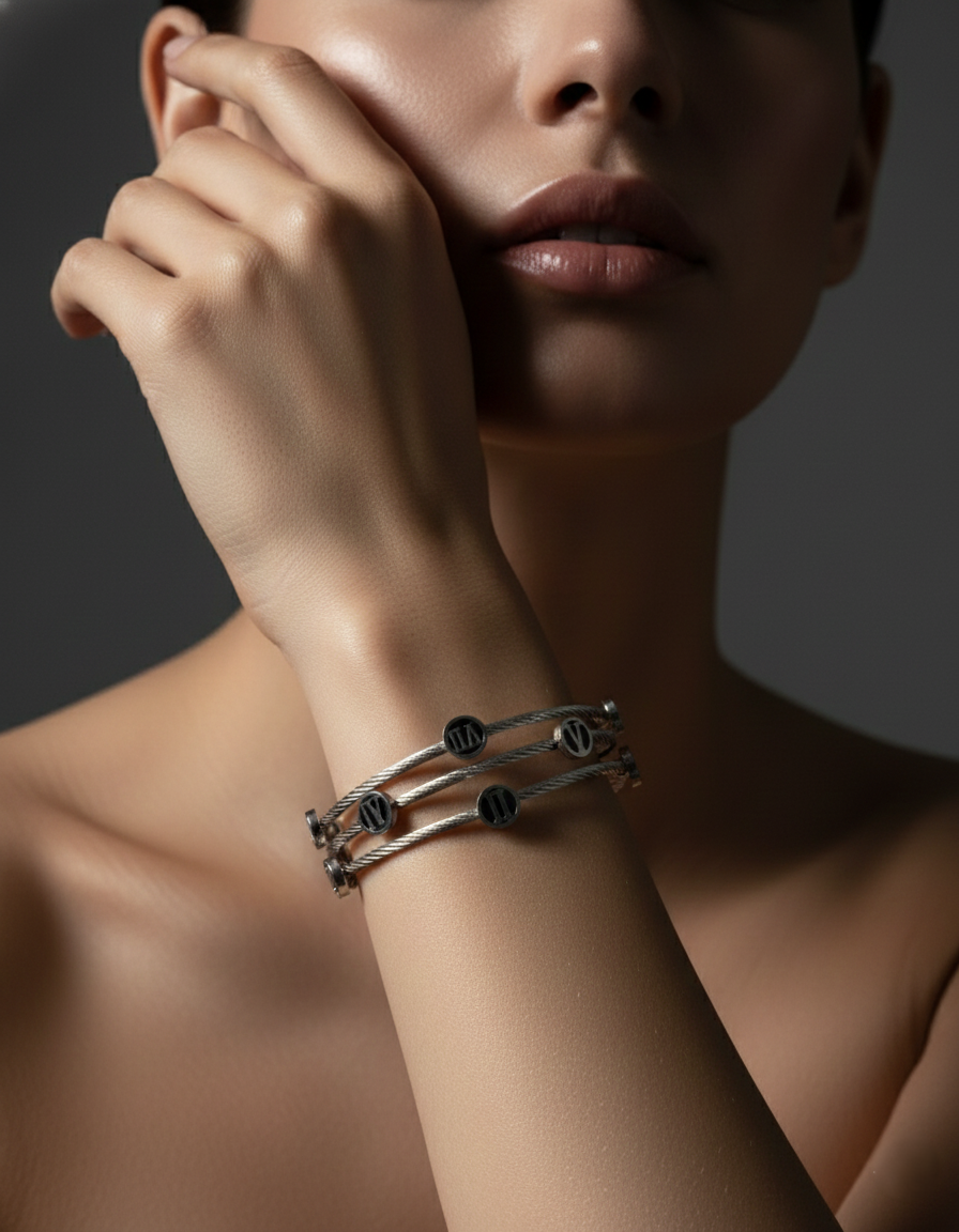 Nisa Premium Silver-Polish Roman-Numbers Rings Design In Wire Bracelet For Women and Girls