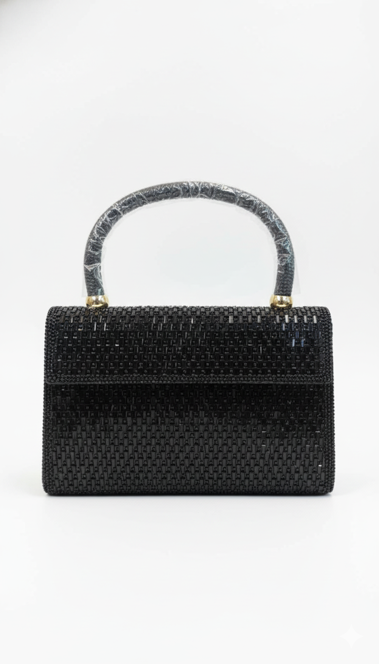 Nisa Black V-Emblem Crystal Evening Purse