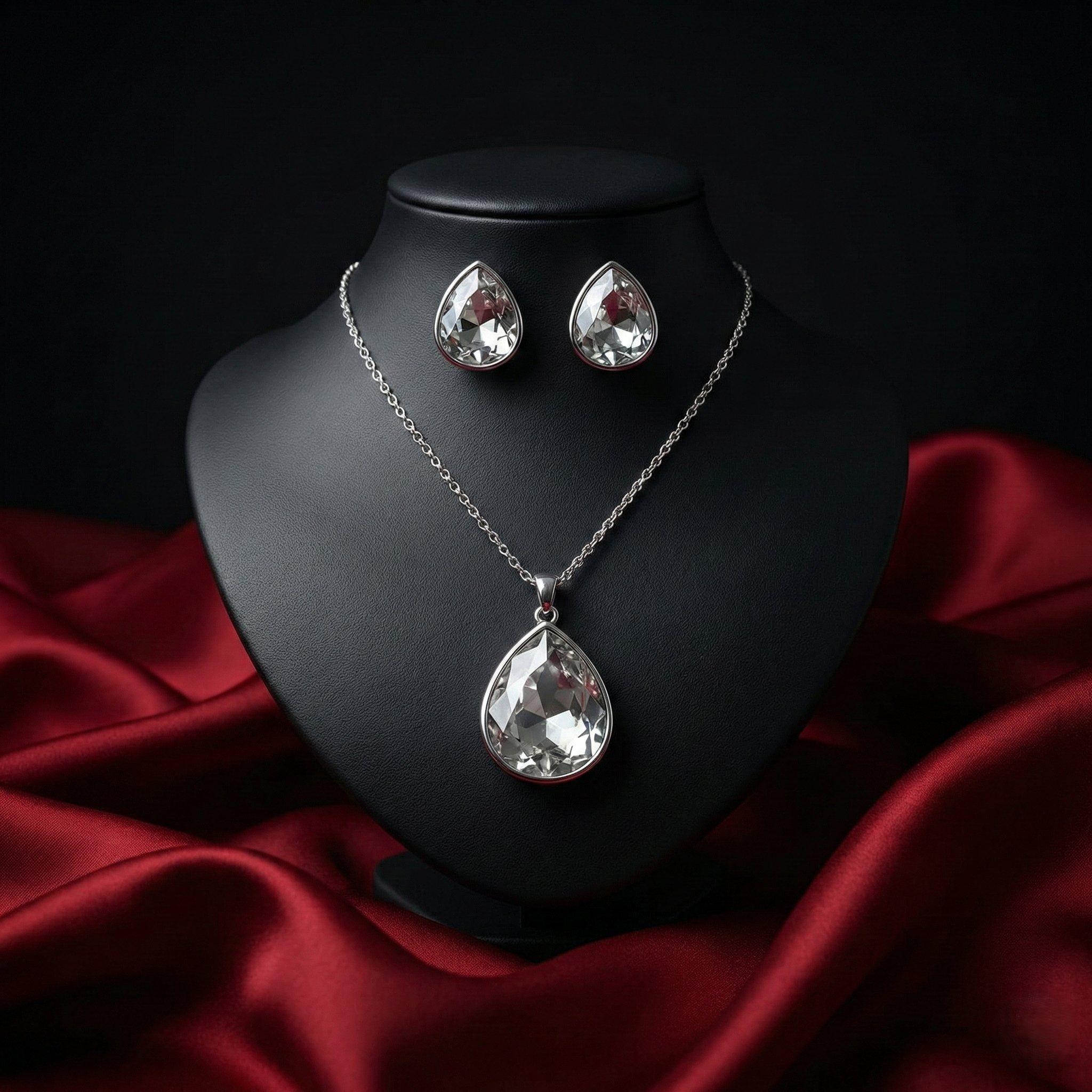 Silver-Tone Geometric Crystal Pendant Set & Matching Studs