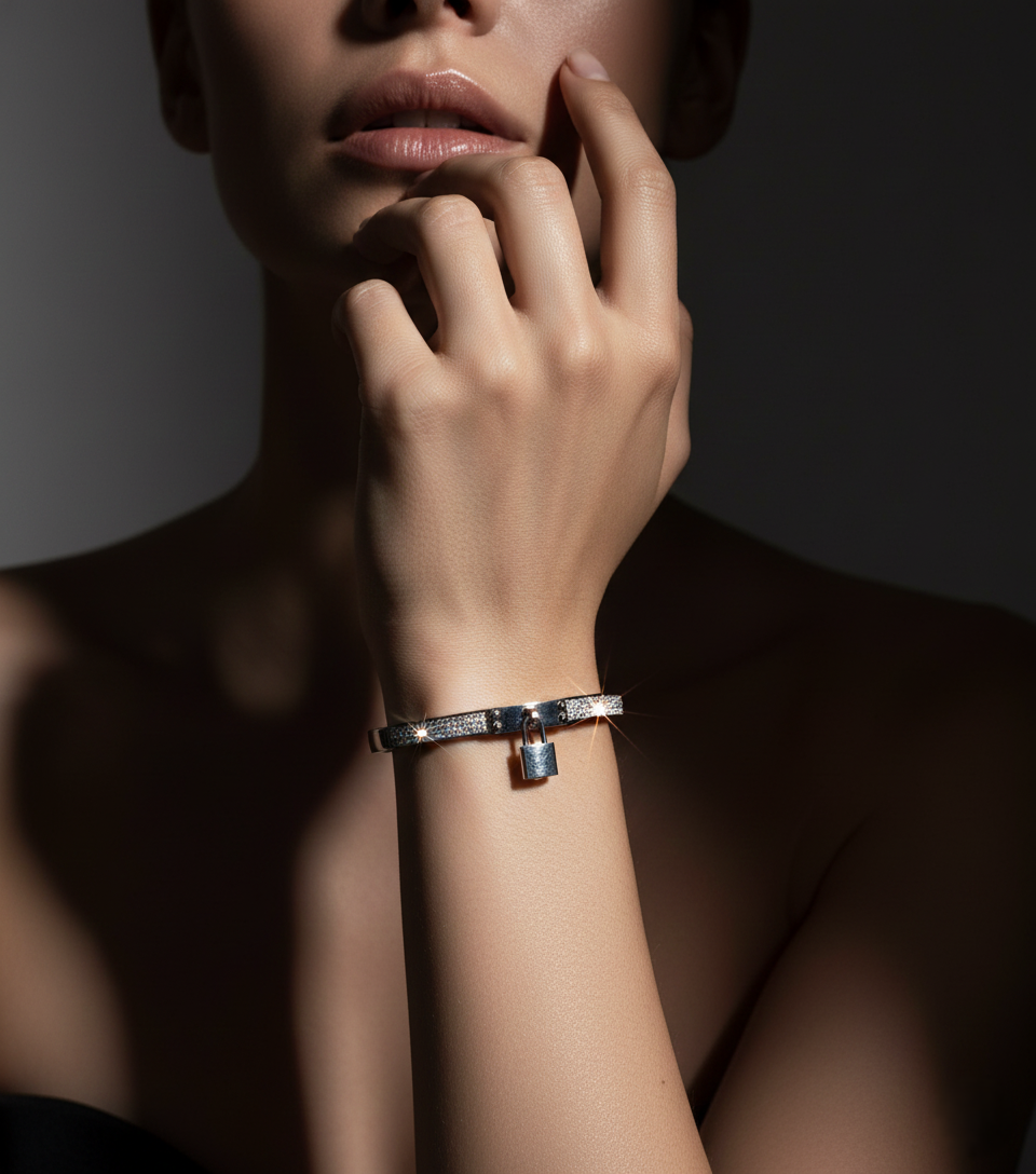 Nisa Premium Silver-Polish Hanging-Lock Design With Diamond Studded Bracelet For Women and Girls