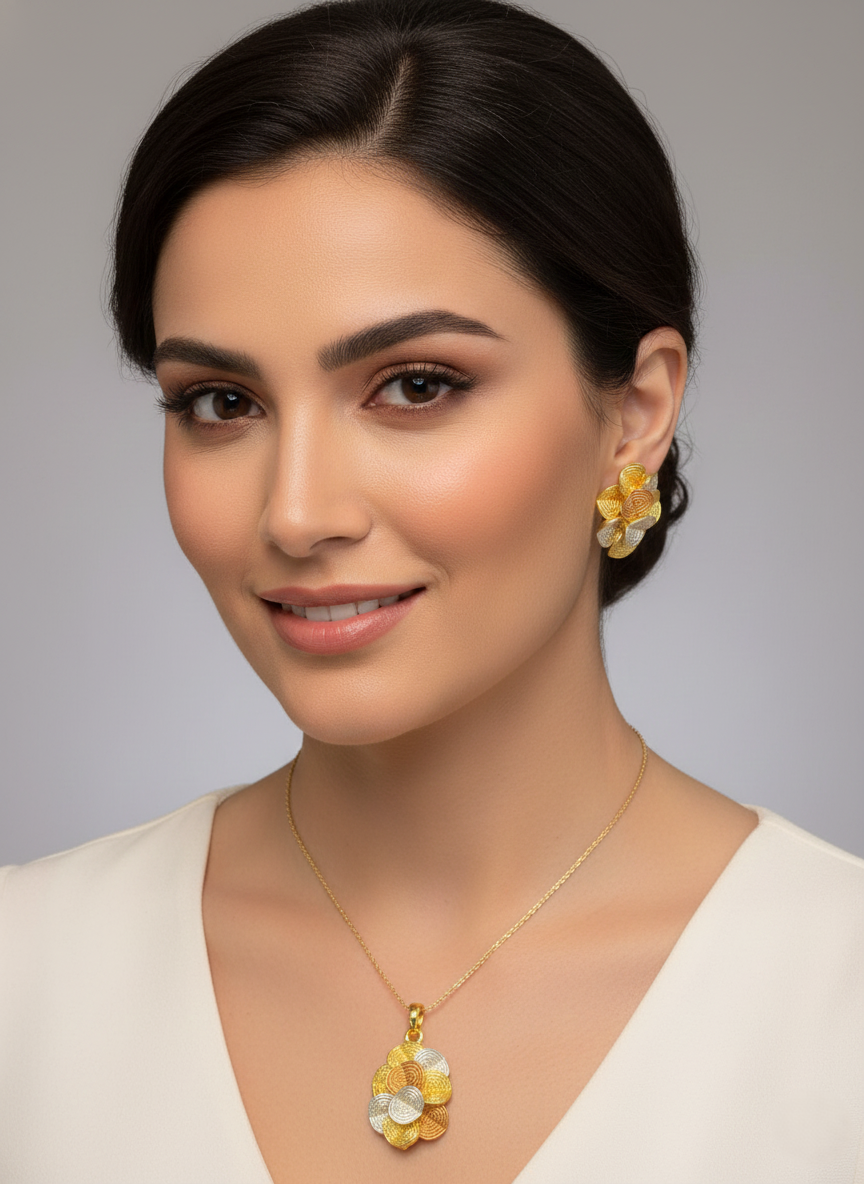 Dubai Style Gold-Tone Pendant and Earring Set