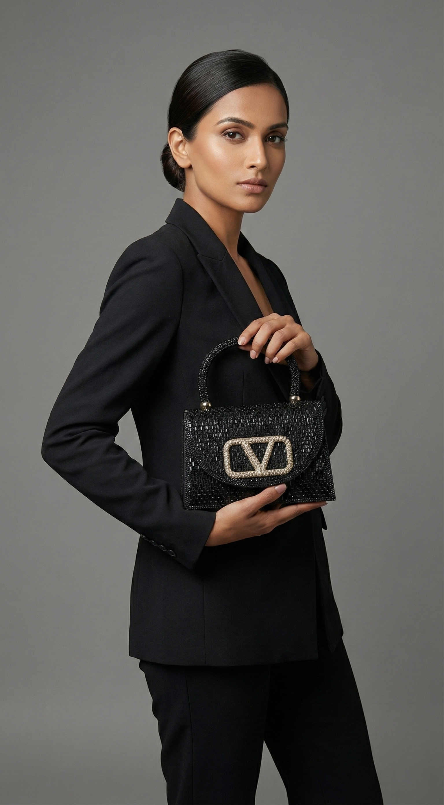 Nisa Black V-Emblem Crystal Evening Purse