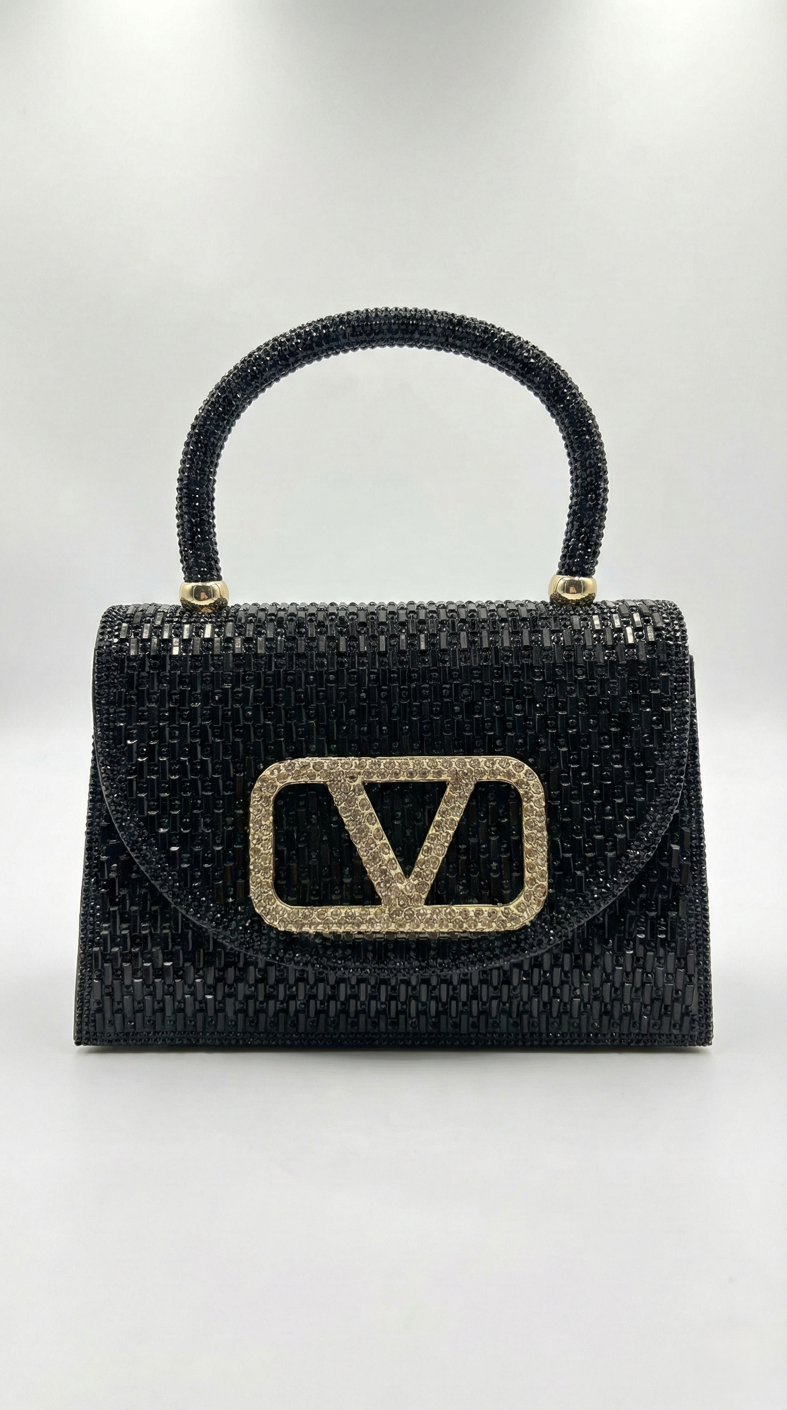 Nisa Black V-Emblem Crystal Evening Purse