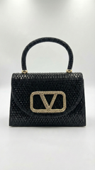 Nisa Black V-Emblem Crystal Evening Purse