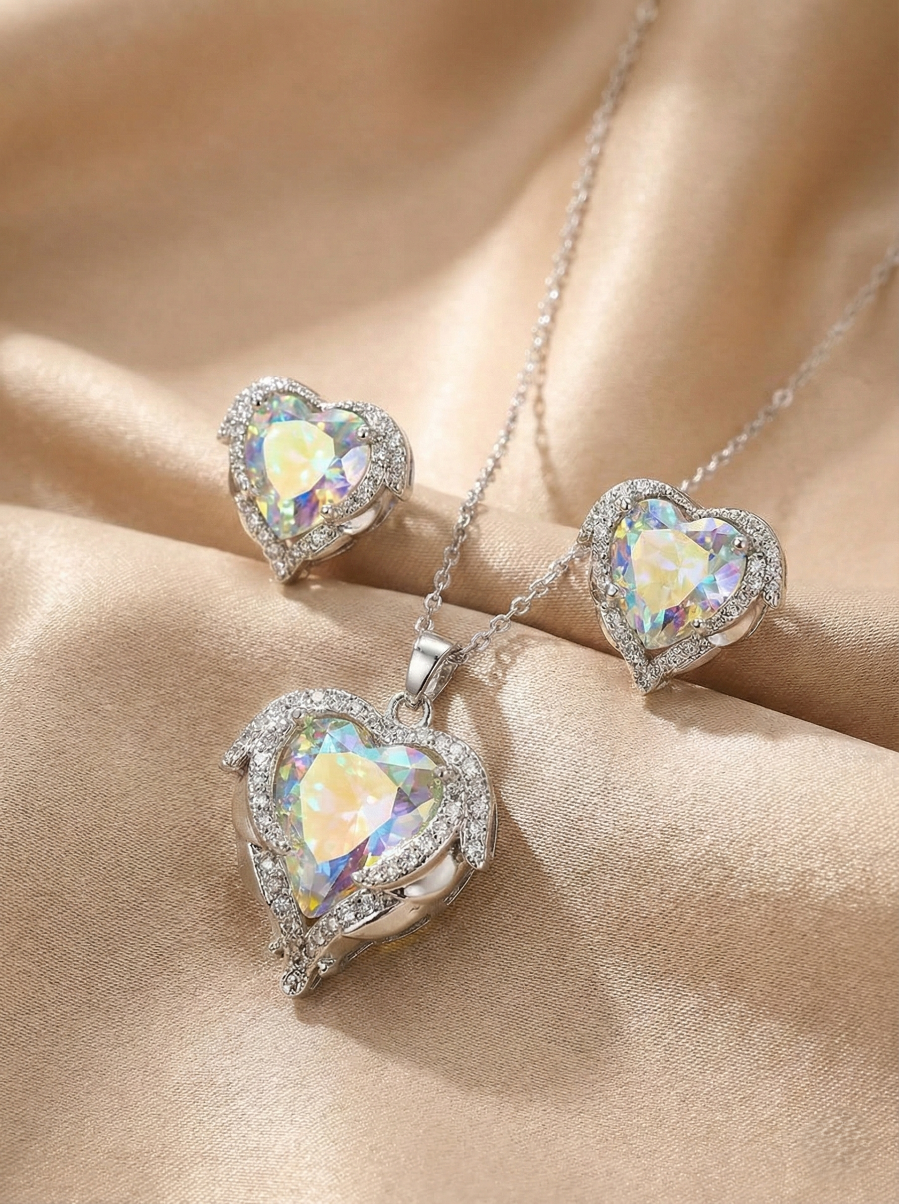 Iridescent Heart Crystal Pendant Set with Matching Earrings – Silver Tone
