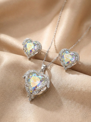 Iridescent Heart Crystal Pendant Set with Matching Earrings – Silver Tone