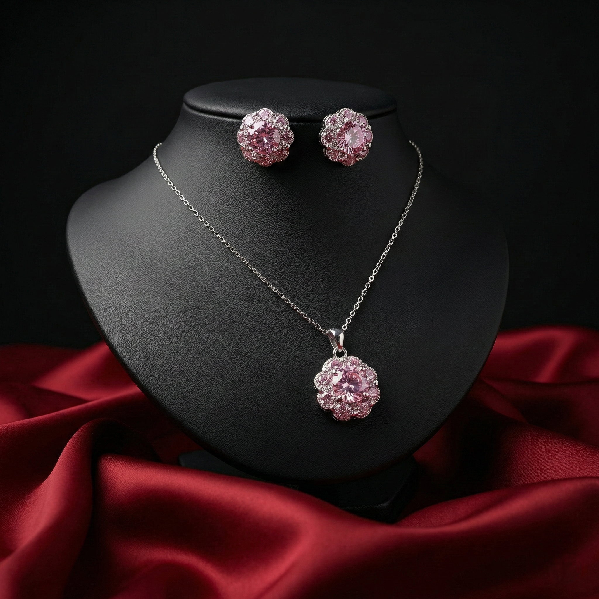 Crystal Floral Pendant Set – Silver Finish