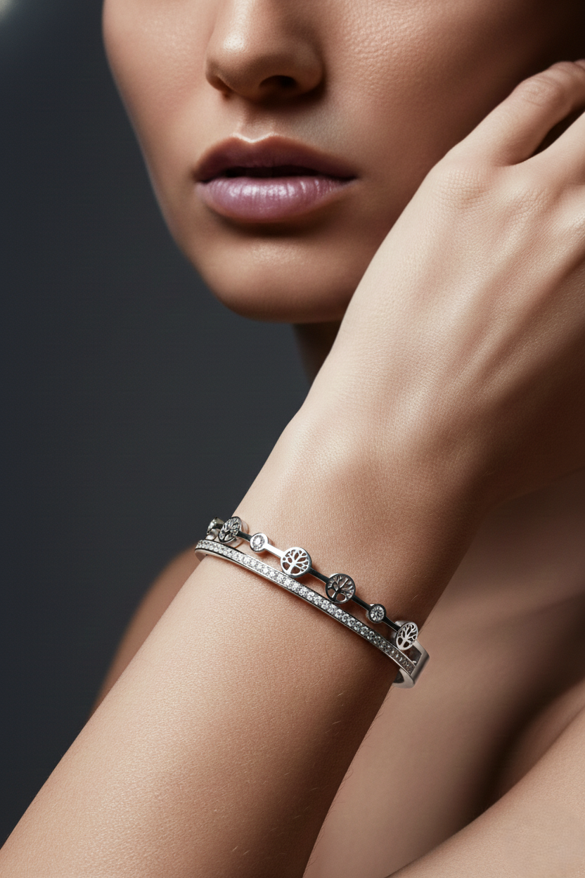 Nisa Premium Silver-Polish Tree Shape Design With Diamond Studded Bracelet For Women and Girls