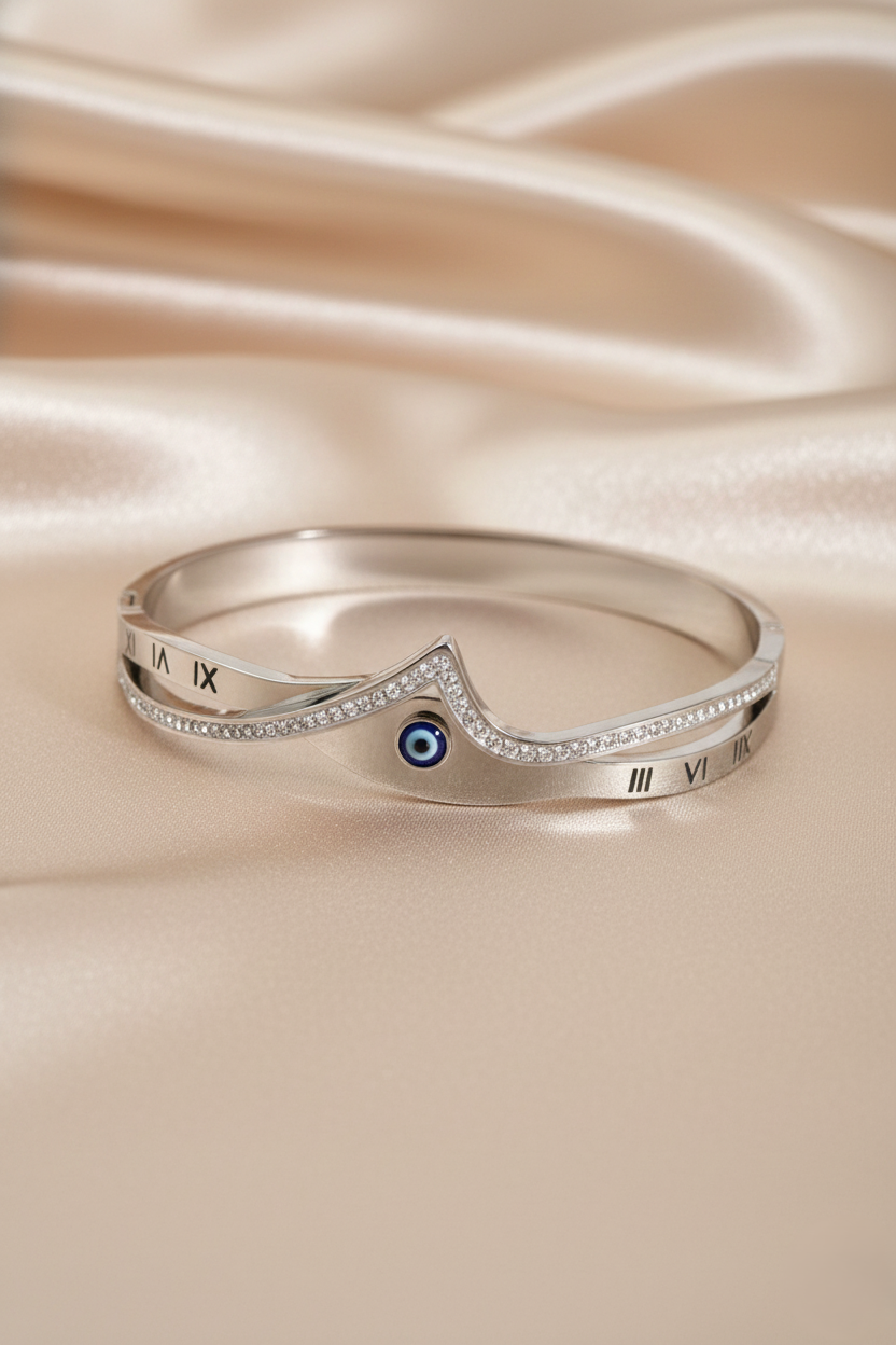 Nisa Premium Silver-Polish Delicate Evil-Eye Design With Diamond Studded Bracelet For Women and Girls