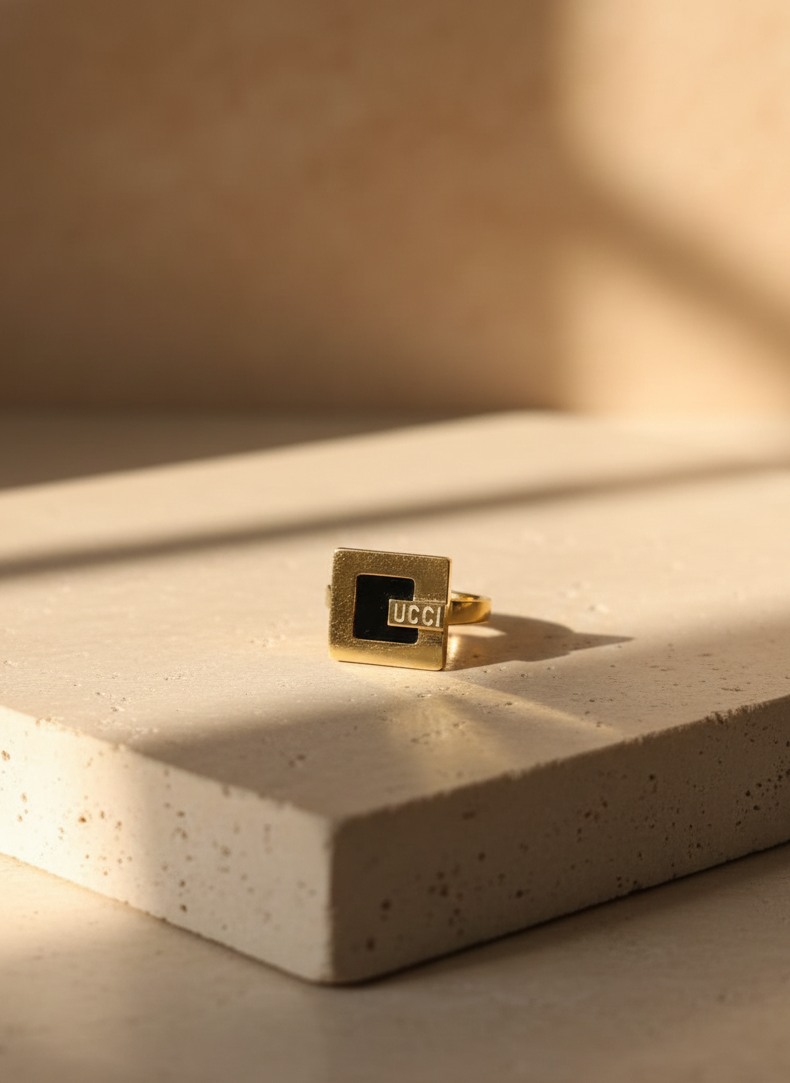 Stainless Steel Square Icon Golden Ring