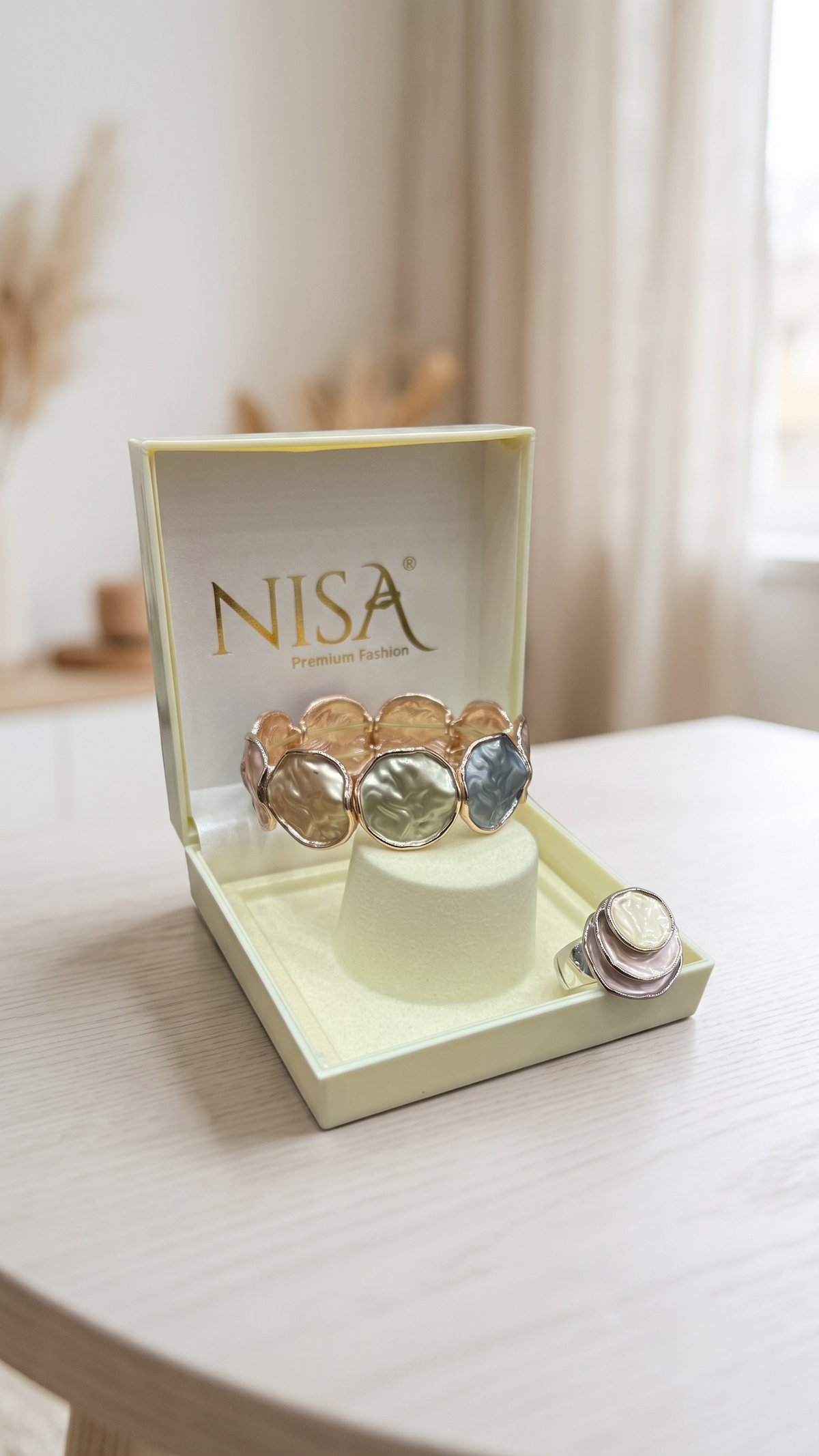 Nisa Pastel Enamel Oval Motif Bracelet & Statement Ring Combo