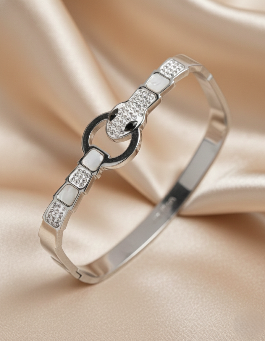 Nisa Premium Silver-Polish Snake Design With Diamond And White Pearl Studded Bracelet For Women and Girls