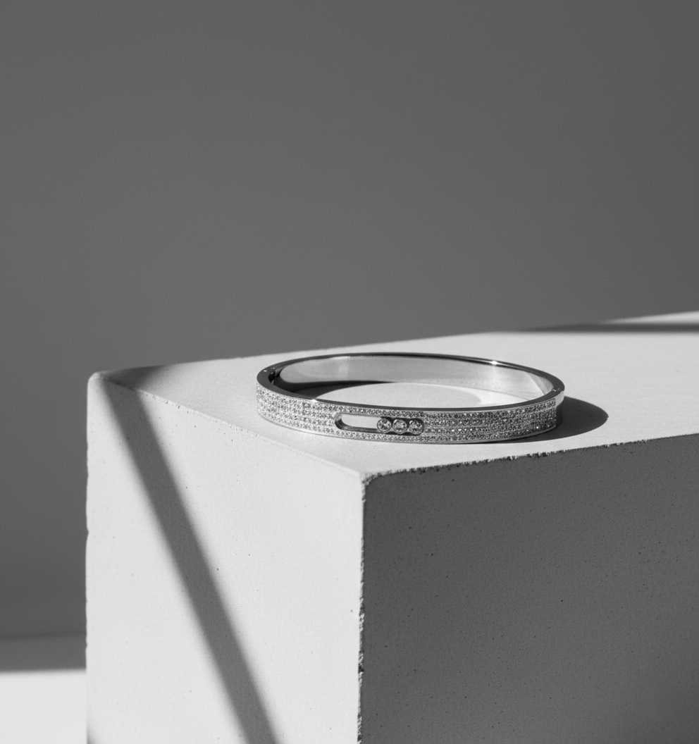 Nisa Premium Silver-Polish Three-Moving Design With Diamond Studded Bracelet For Women and Girls