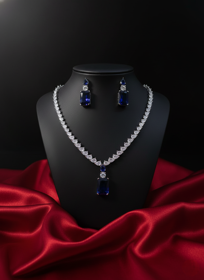 Sapphire Blue & Pear-Cut Zirconia AD Necklace Set