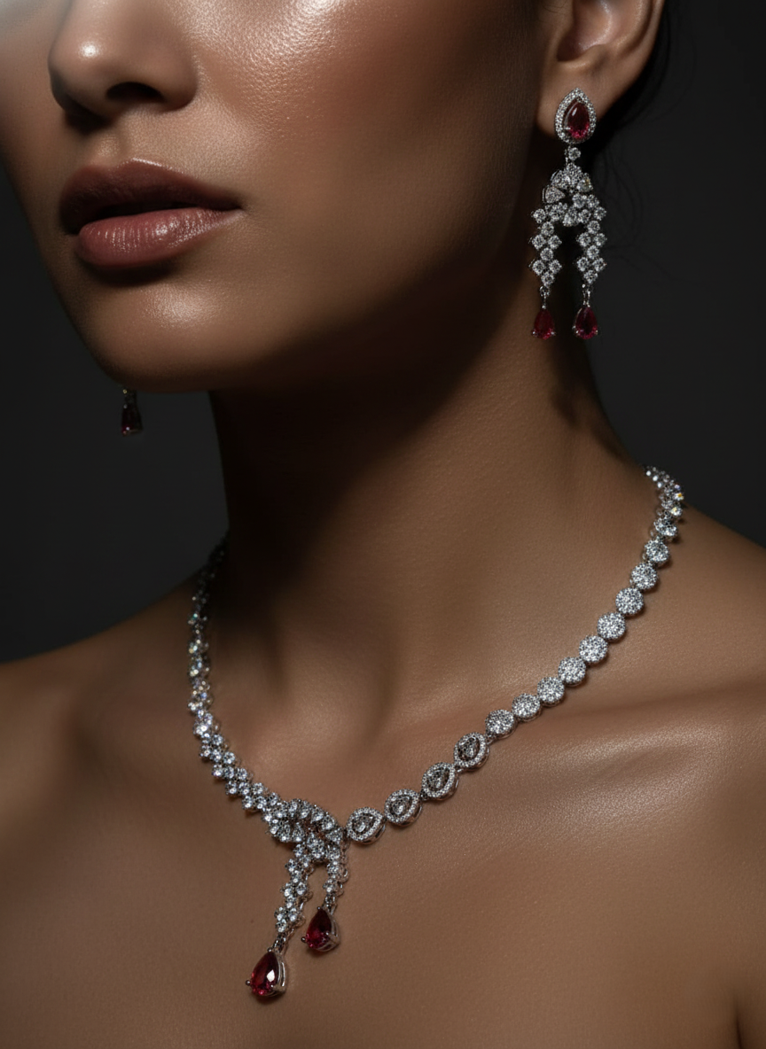 The Nisa Pear-Drop Ruby & Zirconia AD Necklace Set