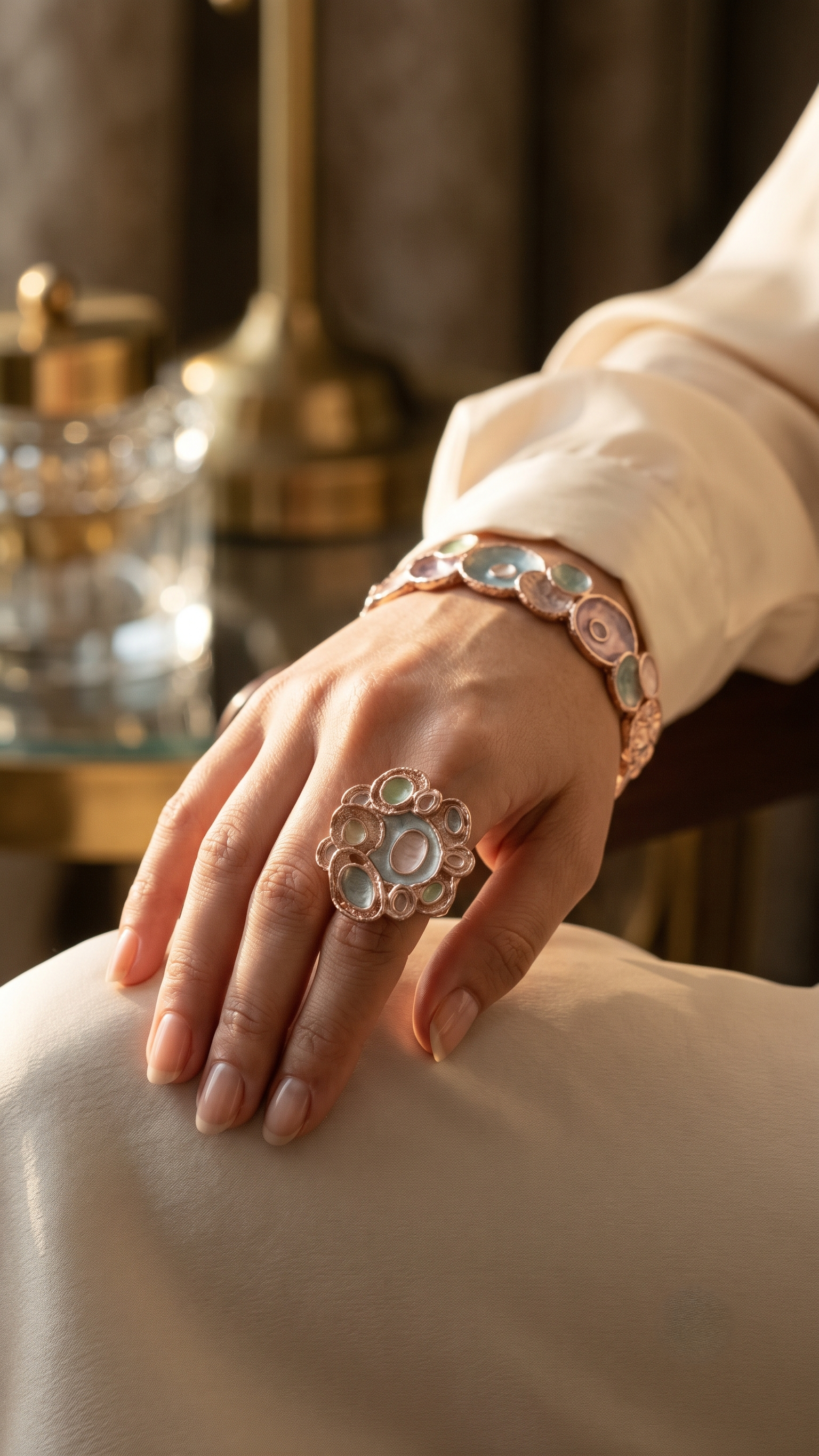 Nisa Artisan Pastel Glaze Textured Bracelet and Ring Jewelry Set