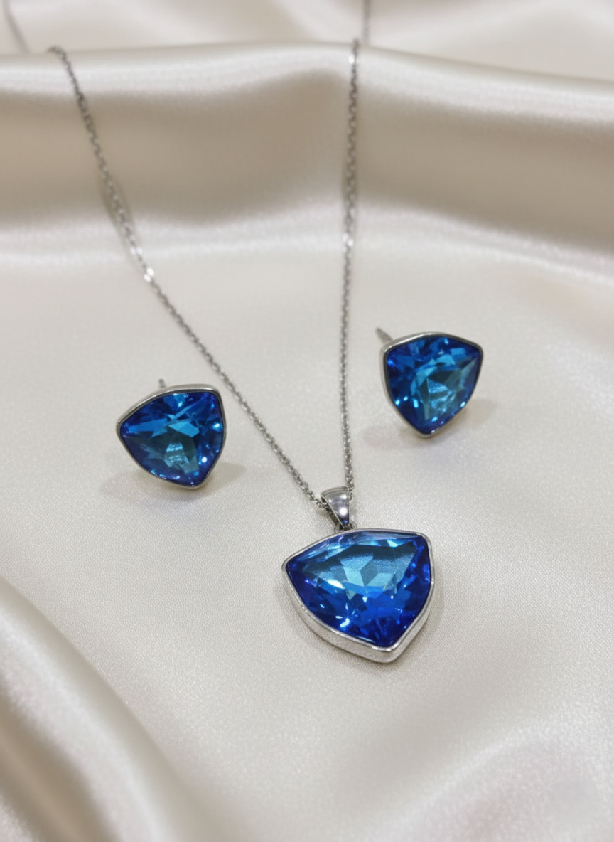 Silver-Tone Geometric Crystal Pendant Set & Matching Studs