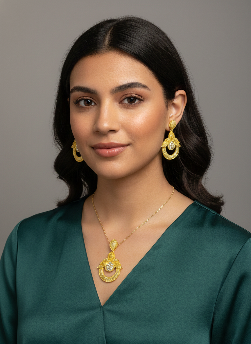 Dubai Style Gold-Tone Pendant and Earring Set