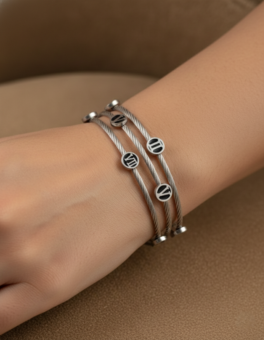 Nisa Premium Silver-Polish Roman-Numbers Rings Design In Wire Bracelet For Women and Girls