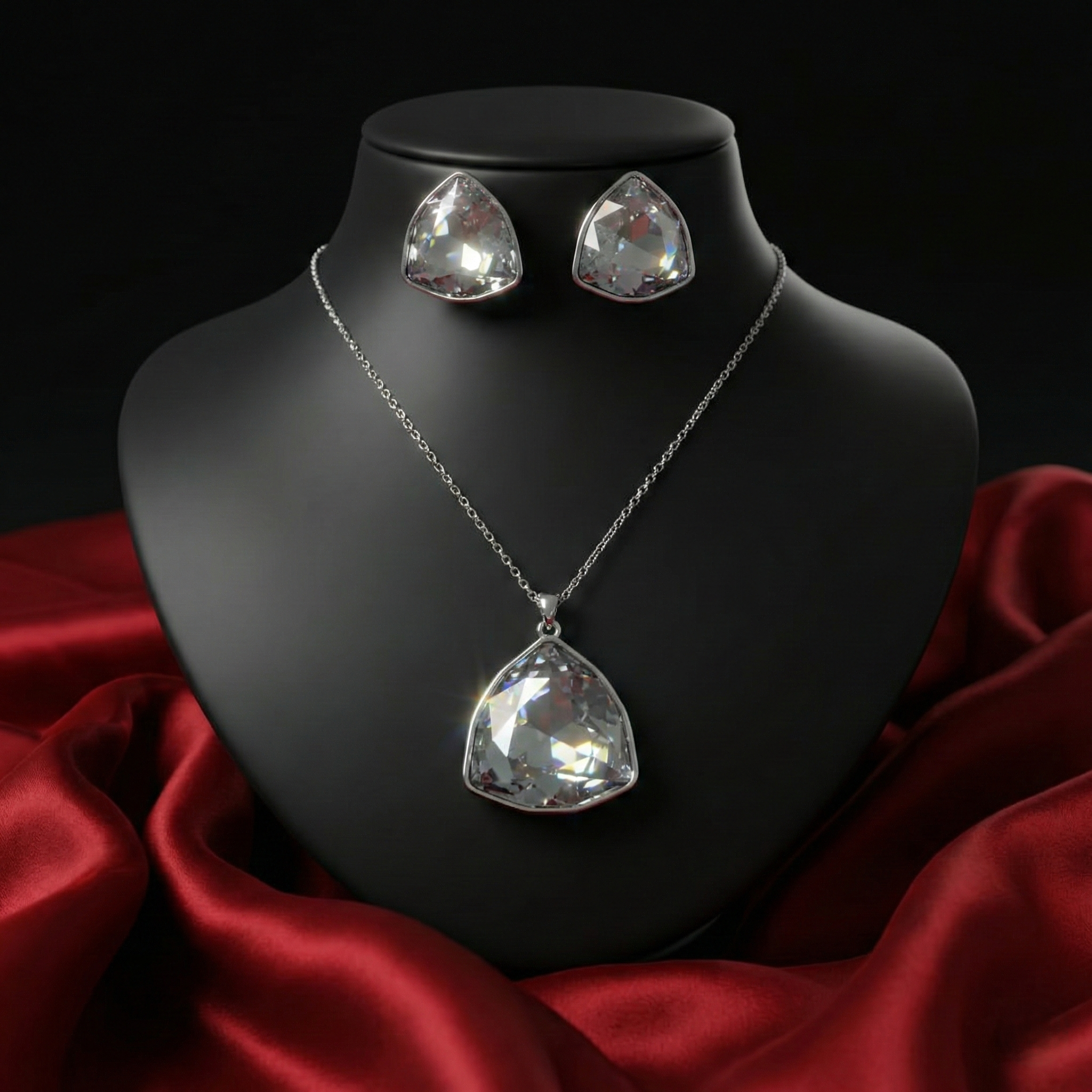 Silver-Tone Geometric Crystal Pendant Set & Matching Studs