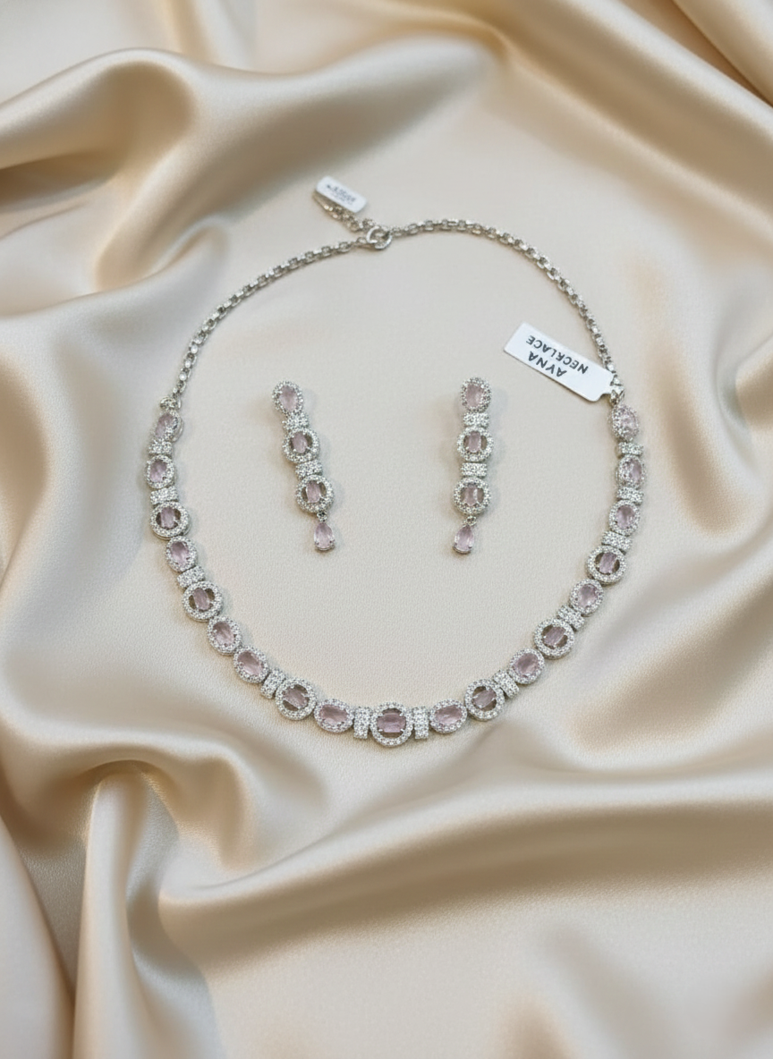 Pink Quartz & Halo AD Necklace