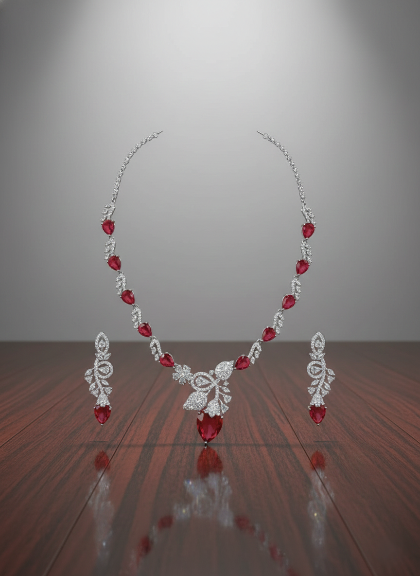 Crimson Radiance Red AD Necklace & Earring Set