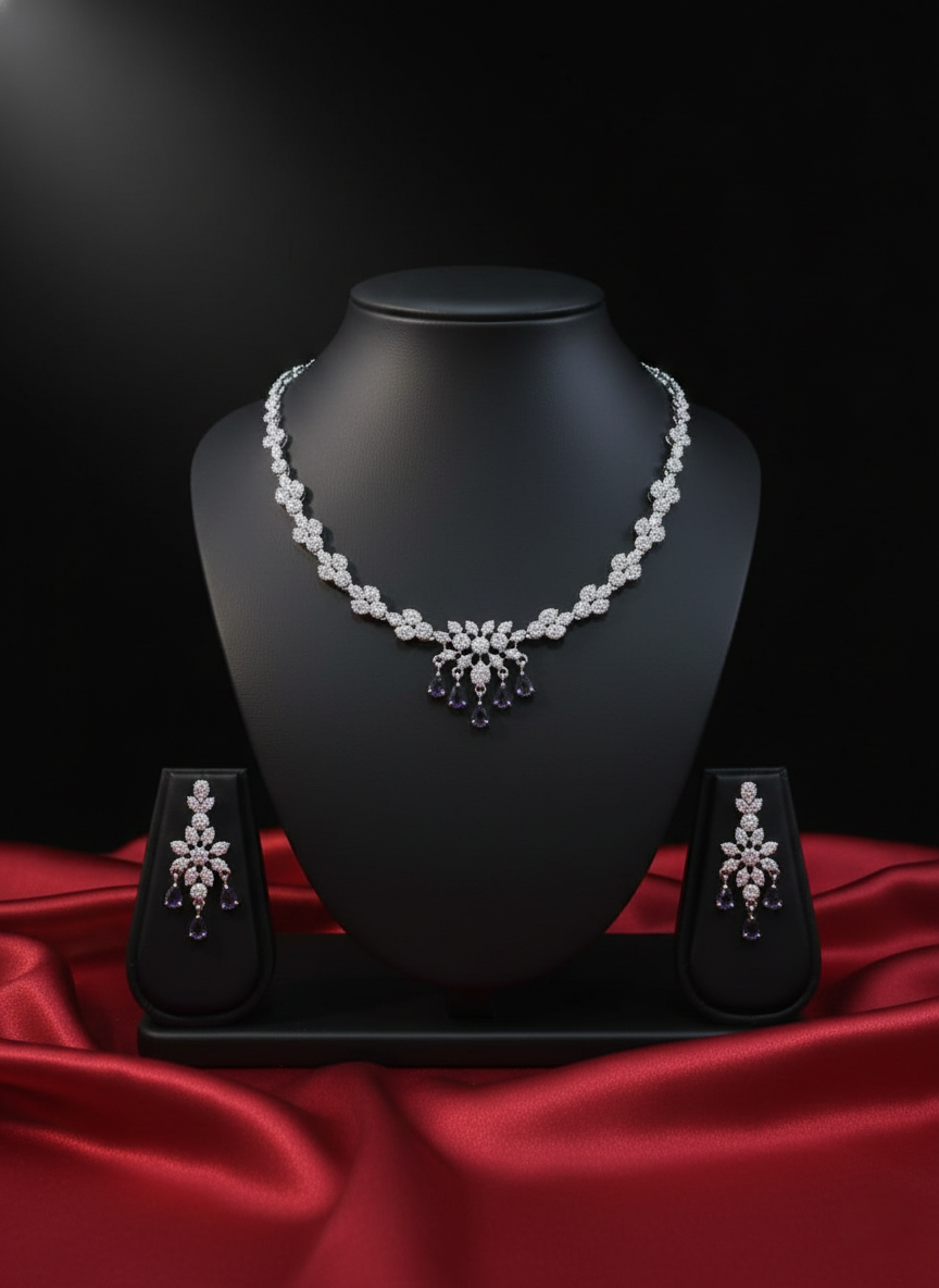 Purple Floral Bloom AD Necklace with Amethyst Accents