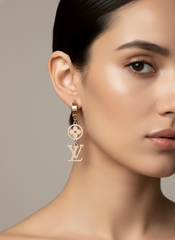 Stainless Steel Rose Gold Monogram & Flower Drop Earrings