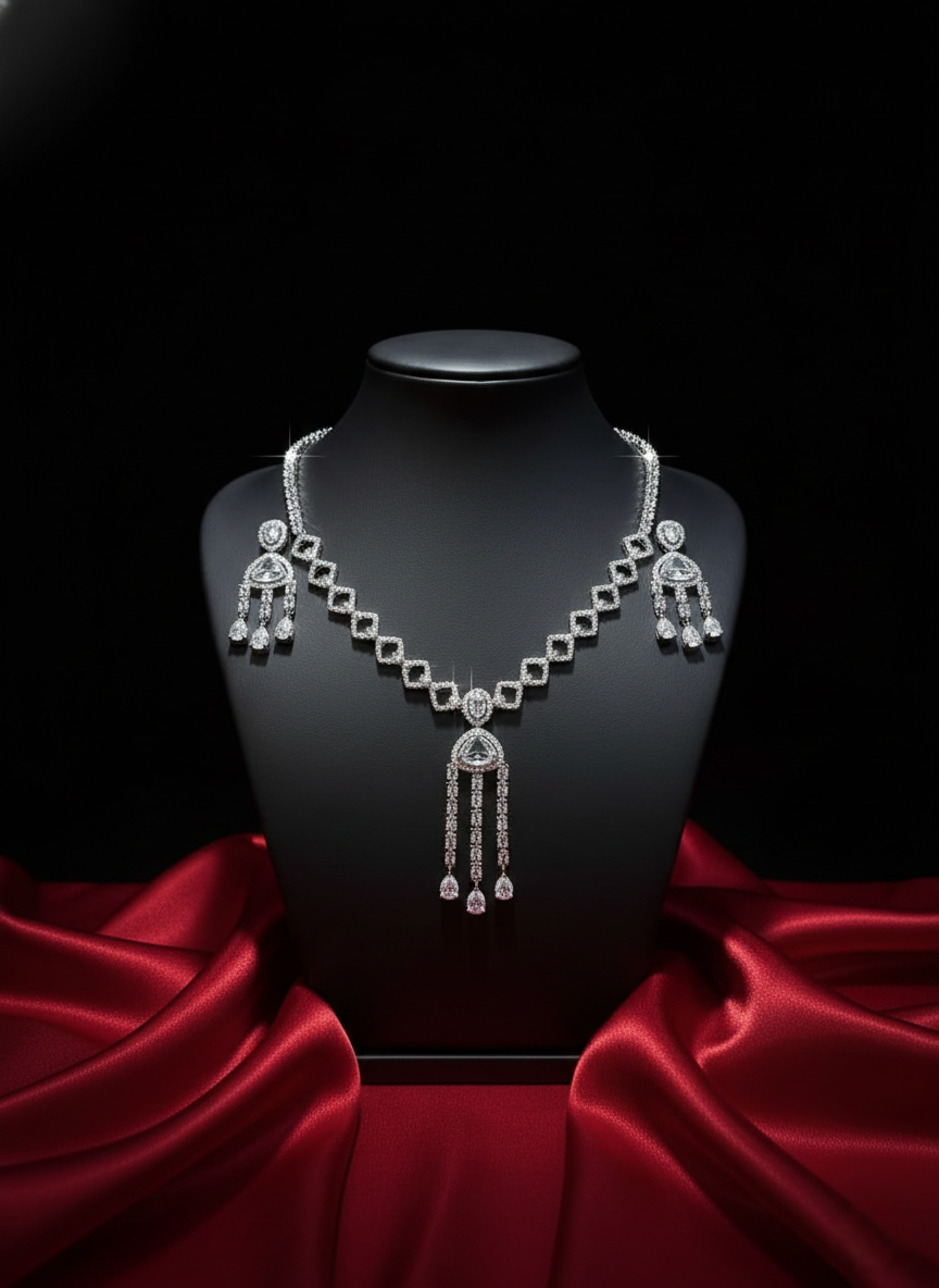 Nisa Geometric Chandelier AD Necklace & Earrings Set