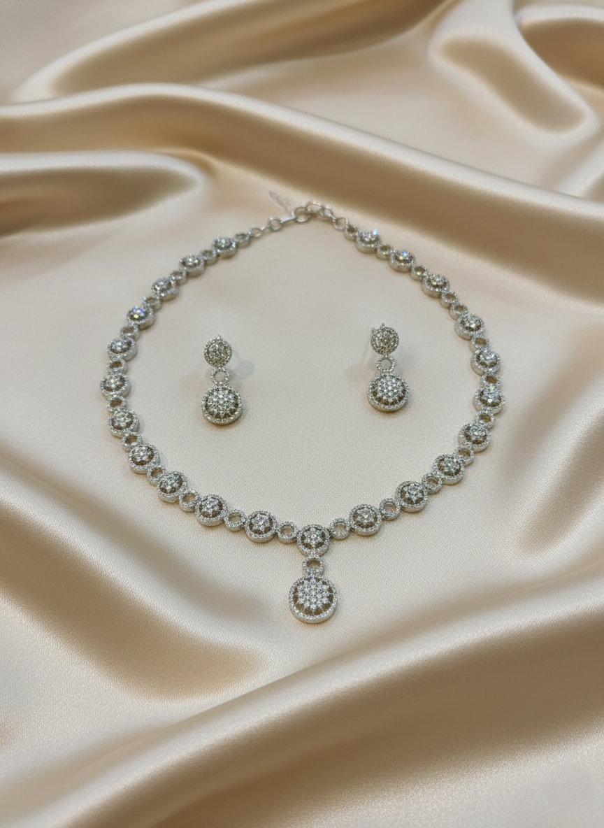 Silver-Finish AD Necklace & Earrings Set