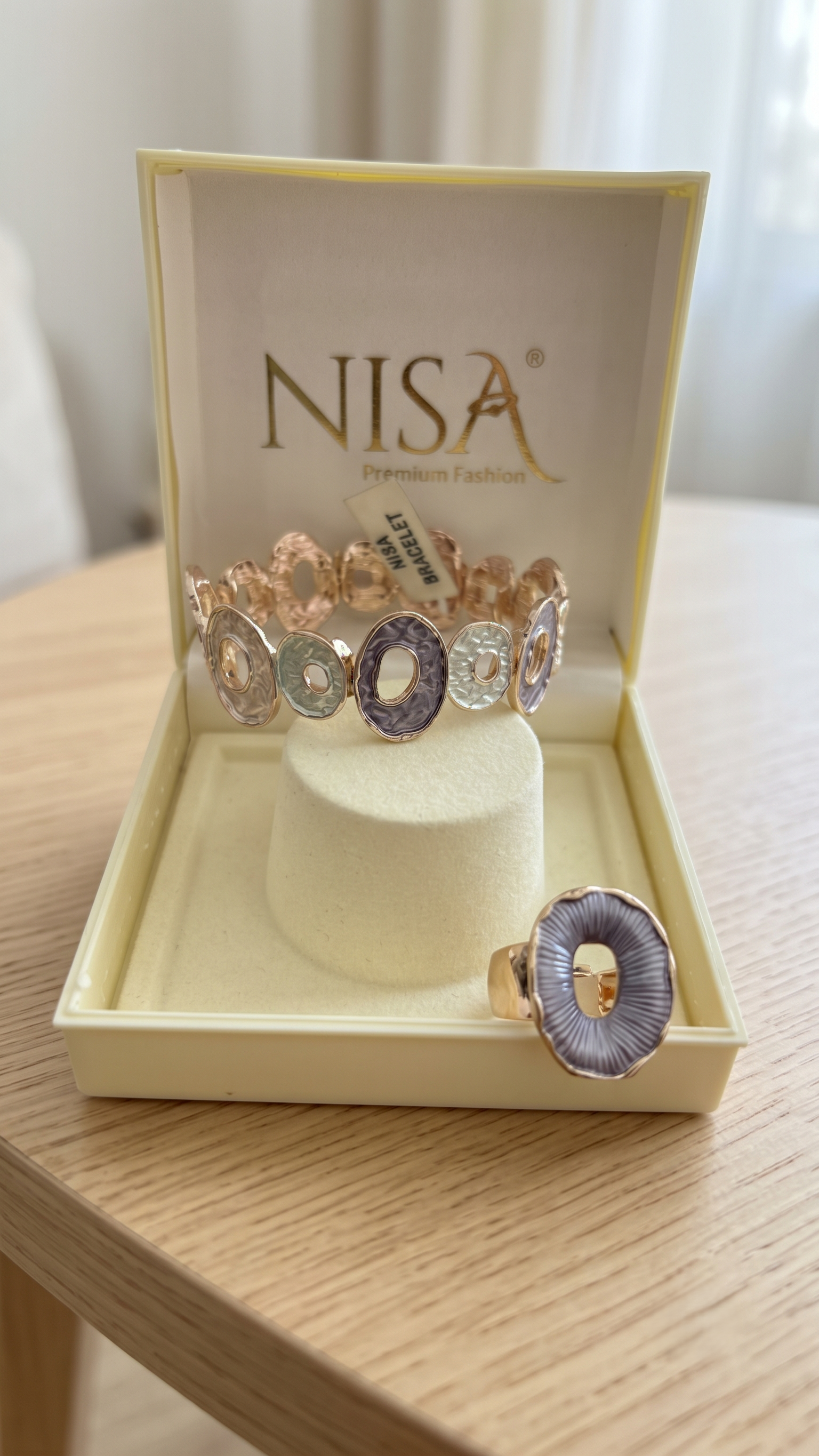 Nisa Pastel Enamel Oval Motif Bracelet & Statement Ring Combo